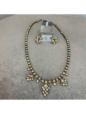 Sherman aurora borealis Crystal rhinestone screw back earring necklace set